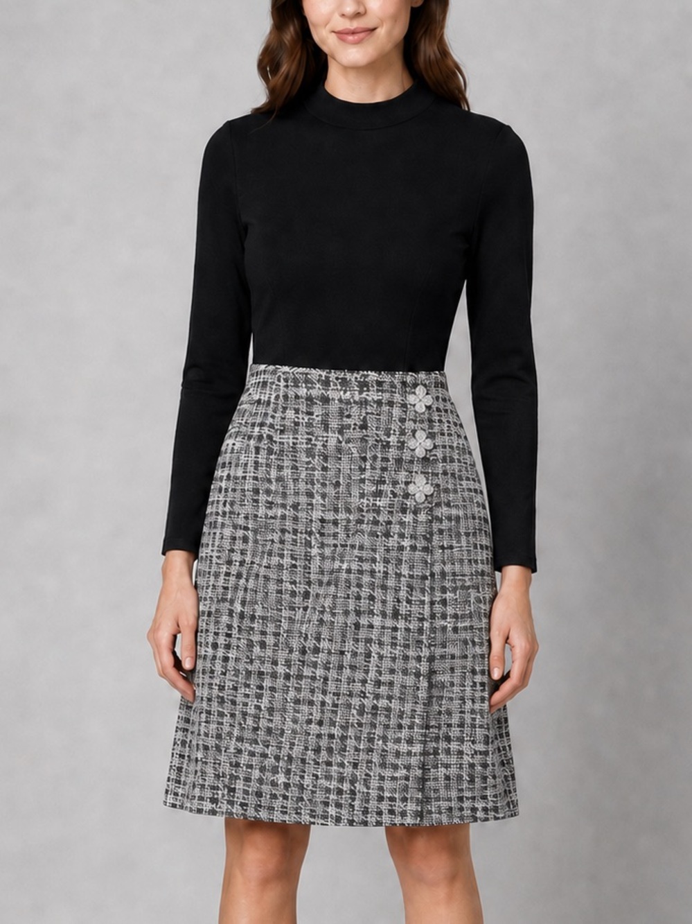 🆕🖤🤍Eliza J Tweed Mock Neck Long Sleeve Dress Embellished Buttons Size 10 Office